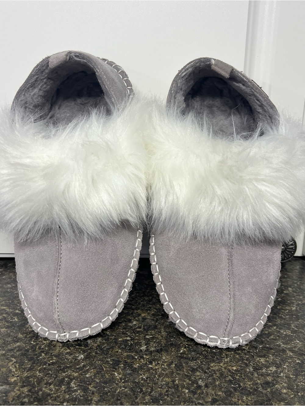 BearPaw Women's Faux-Fur Trim Moccasin Slippers - Light Gray and White Fur